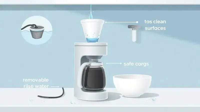 Ilustração digital conceitual mostrando elementos de segurança, manutenção e limpeza de cafeteira elétrica