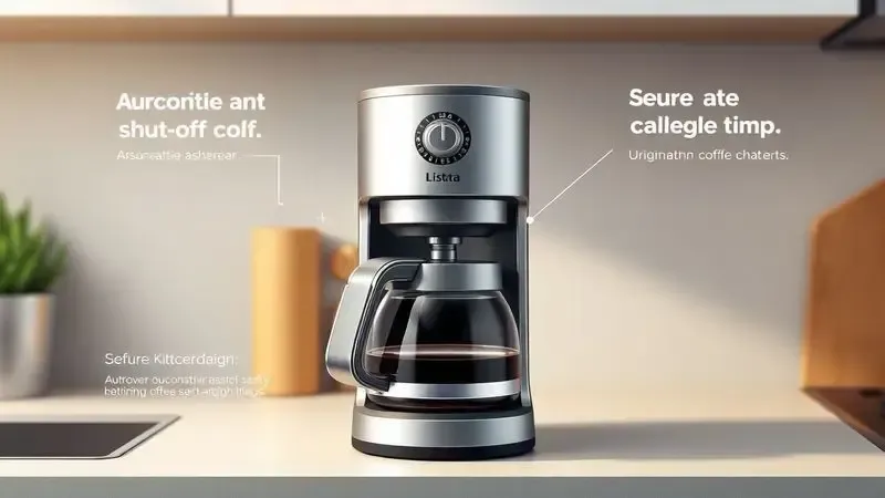 Ilustração conceitual de características de segurança e praticidade em cafeteiras modernas