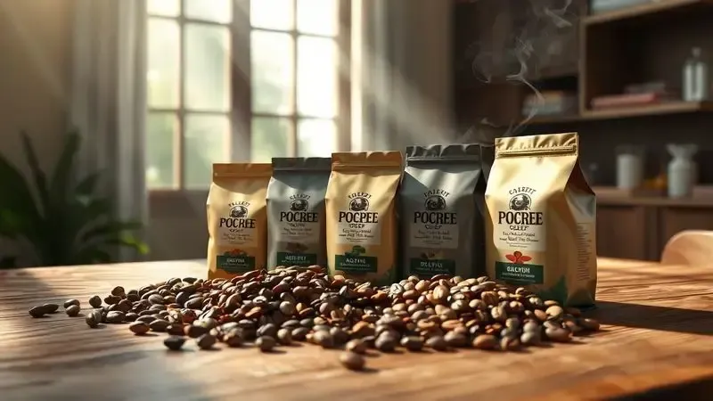 Seleção conceitual de diferentes tipos de grãos de café para expresso em mesa de madeira