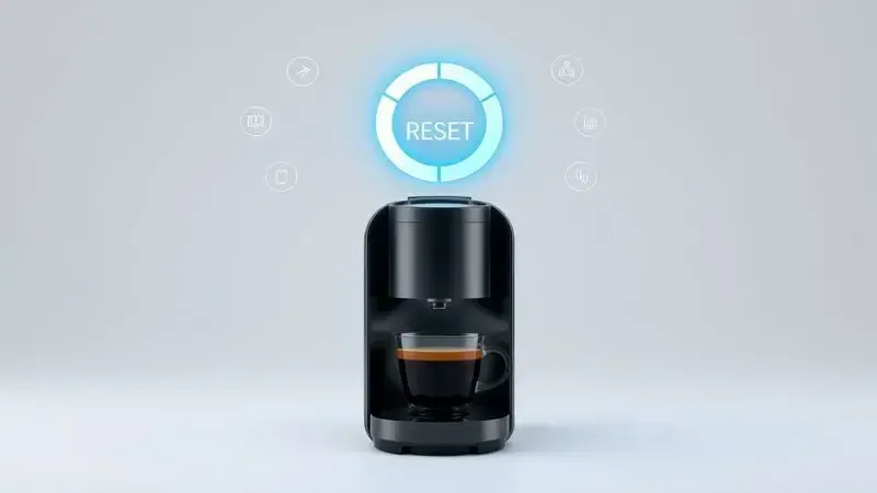 Ilustração conceitual do processo de reset de uma cafeteira de cápsulas.