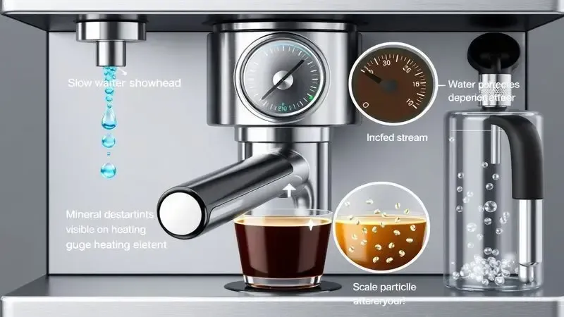 Ilustração conceitual mostrando cinco sinais visuais de que uma cafeteira precisa de descalcificação imediata.