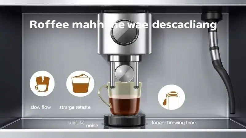 Ilustração mostrando cinco sinais visuais de que uma máquina de café precisa de descalcificação urgente
