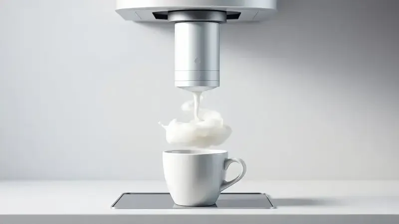 Render artístico 3D do conceito de sistema automático de cappuccino criando espuma de leite acima de uma xícara de café.