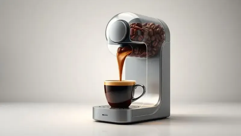 Ilustração conceitual do processo interno de uma máquina de café por cápsula, mostrando transformação de grãos em espresso.