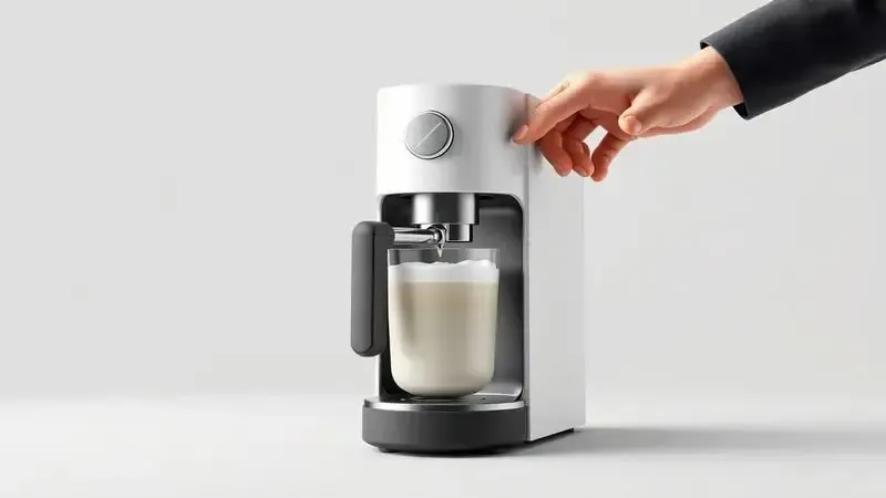 Ilustração conceitual do sistema de vapor de leite modular sendo encaixado facilmente em uma máquina de café.