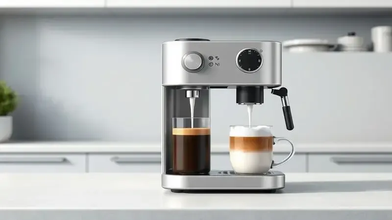Ilustração conceitual do sistema de leite de dose única em cafeteira moderna, mostrando espuma sendo preparada