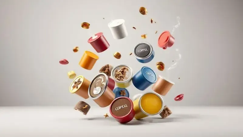 Ilustração conceitual de cápsulas de café coloridas representando diferentes sabores e bebidas do sistema multibebidas