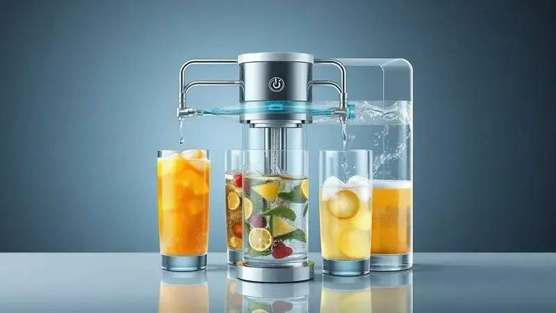 Ilustração artística de sistema multibebidas com tecnologia de multipressão, mostrando caminhos de água e mecanismos de pressão para diferentes bebidas