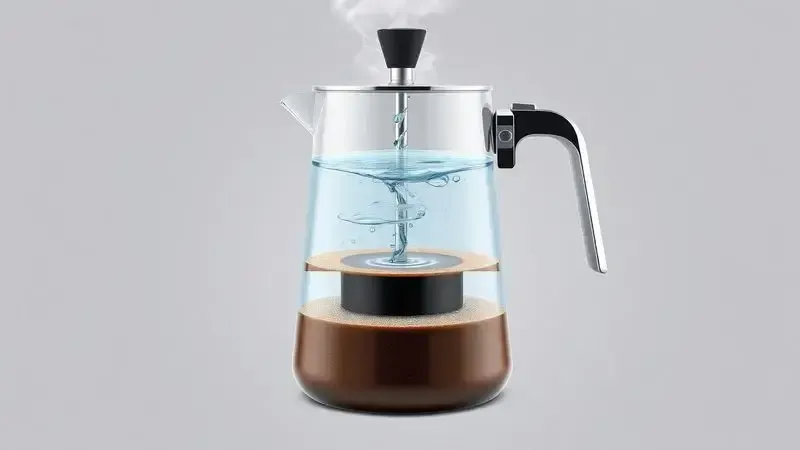 Ilustração conceitual do sistema de percolação de uma cafeteira italiana, mostrando o fluxo de água e vapor.