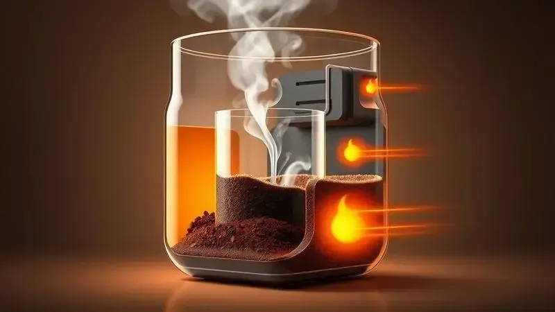 Ilustração digital em corte de um sistema encapsulado de preparo de café, mostrando retenção de calor e fluxo de água.