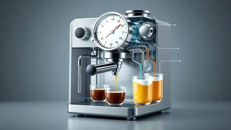 Ilustração técnica conceitual do sistema de pressão e fluxo de água para diferentes opções de bebidas