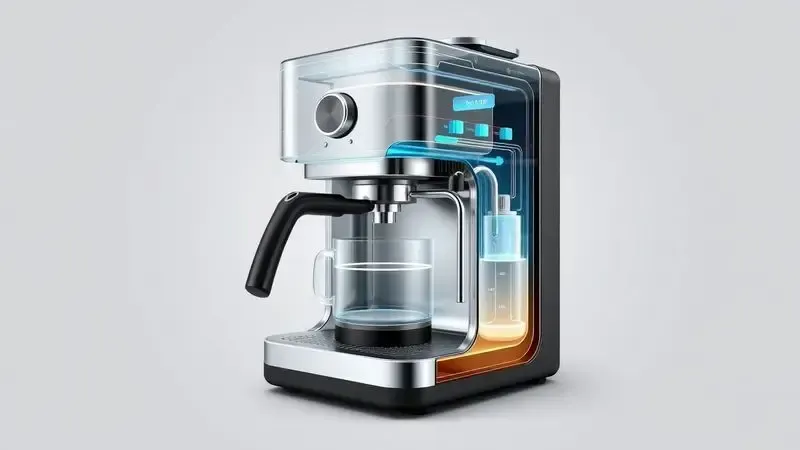 Render 3D conceitual do sistema interno de aquecimento Thermoblock e pressão em uma cafeteira.