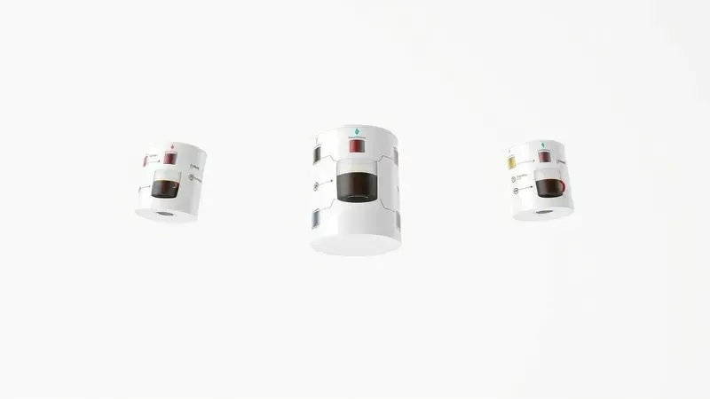 Ilustração técnica comparativa dos três sistemas de café por cápsula em render 3D artístico