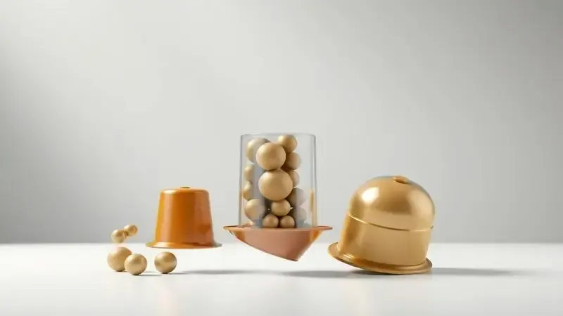Ilustração dos três sistemas de cápsulas de café: pequenas redondas, retangulares maiores e formato cúpula.