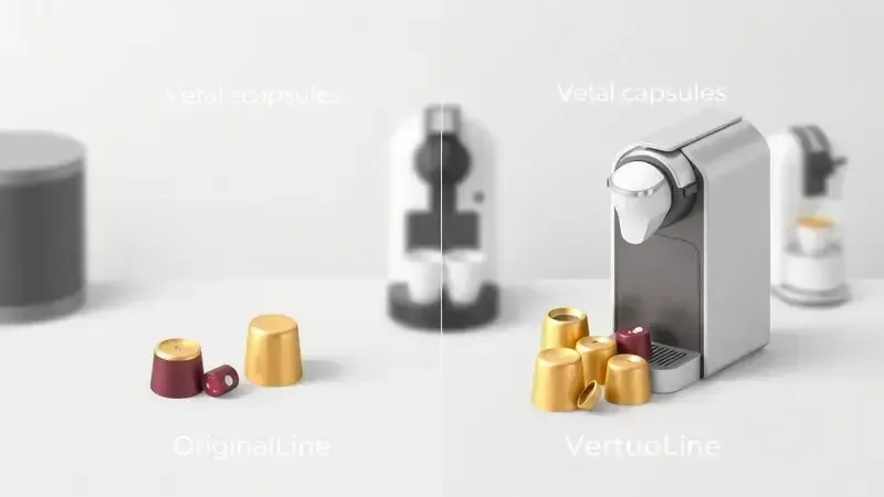 Ilustração conceitual dos sistemas de cápsulas Nespresso Original e Vertuo comparados lado a lado.