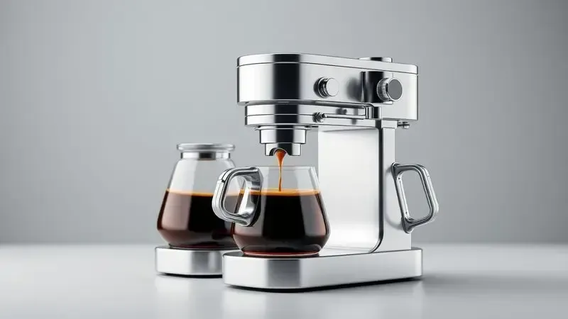 Ilustração conceitual do processo de preparo de café com componentes de precisão e fluxo de café
