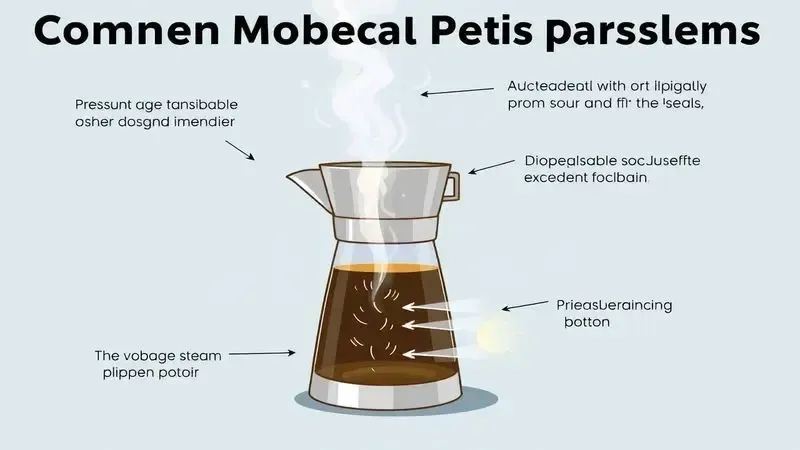 Ilustração conceitual mostrando problemas comuns de vazamento e espirros em cafeteiras italianas, com indicações visuais.