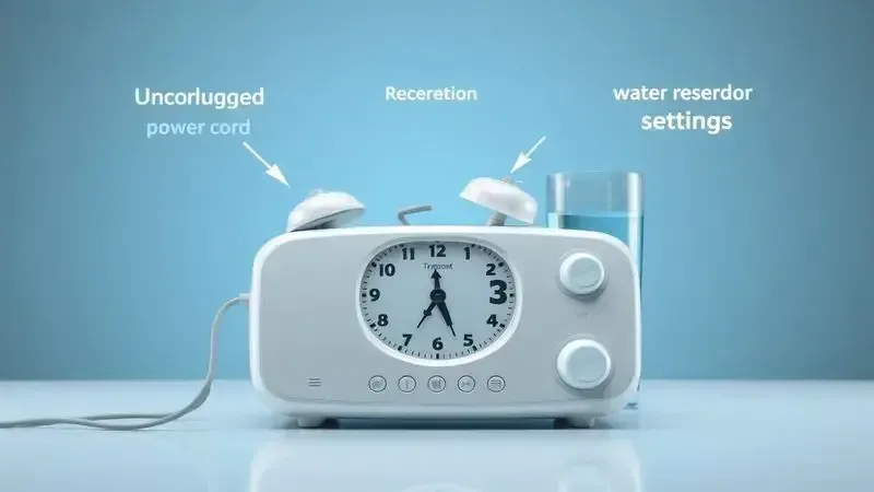 Cena conceitual ilustrando problemas comuns de timer: cabo desplugado, configurações incorretas e reservatório de água vazio.