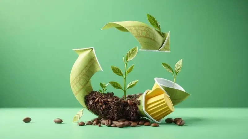 Ilustração conceitual de cápsulas de café de papel recicláveis em ciclo sustentável com elementos naturais