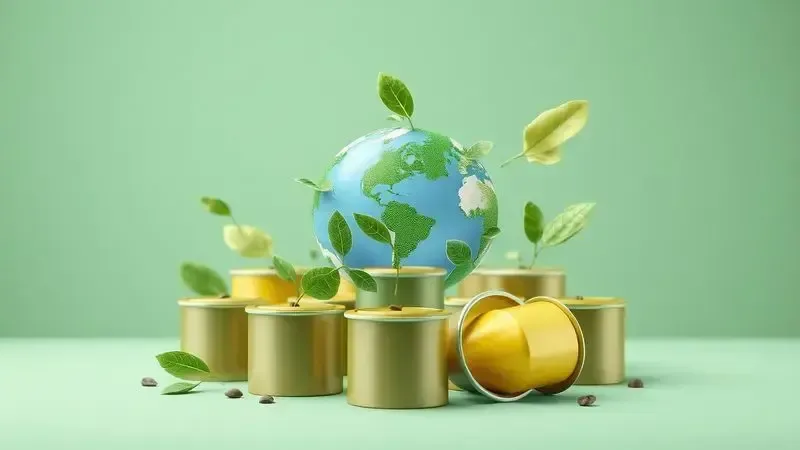 Representação artística do conceito de sustentabilidade e compromisso ambiental no uso de cápsulas de café.
