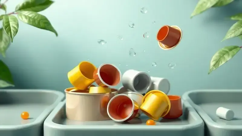 Cena conceitual sobre sustentabilidade mostrando cápsulas de café sendo descartadas corretamente para reciclagem.