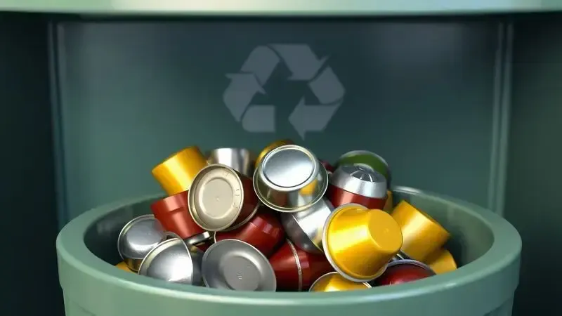 Ilustração conceitual do processo de reciclagem de cápsulas de café usadas.