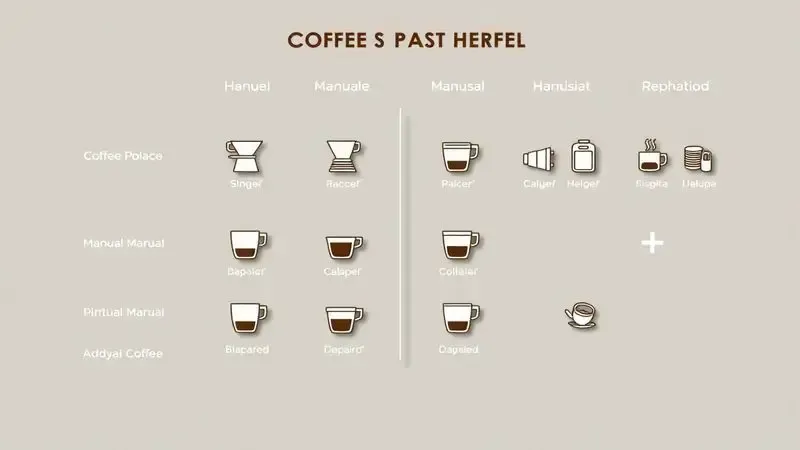 Ilustração conceitual de tabela comparativa mostrando diferentes métodos manuais de preparo de café