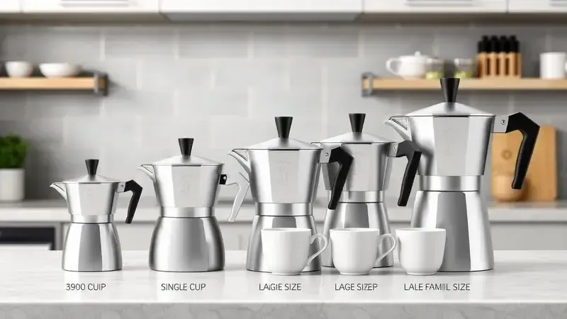 Comparação visual de tamanhos de cafeteiras italianas desde porção individual até familiar com xícaras correspondentes