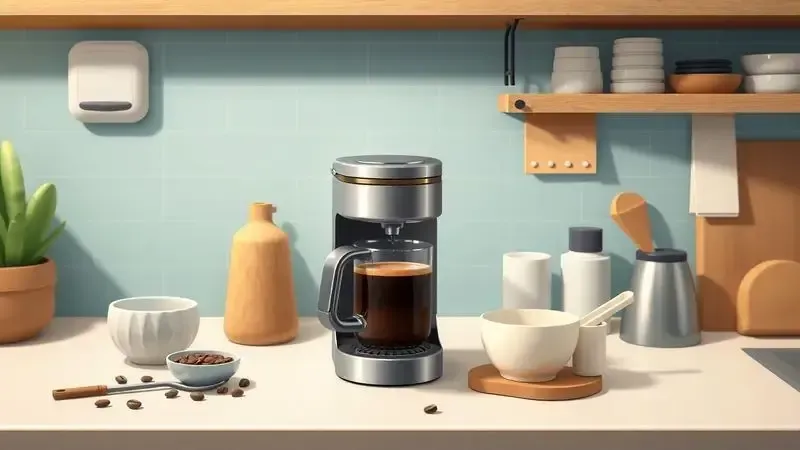 Cena conceitual ilustrando técnica adequada de preparo de café com acessórios organizados e ambiente acolhedor