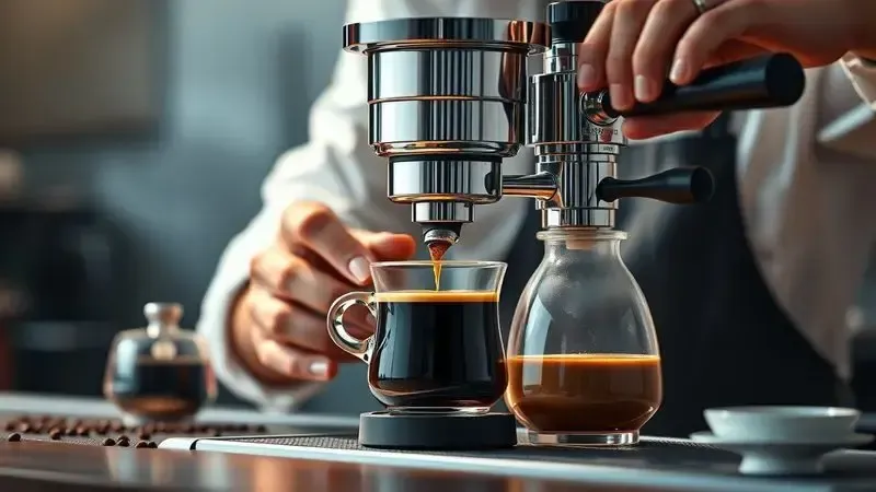 Cena conceitual artística representando técnicas profissionais de preparo de café com cafeteira de cápsula.