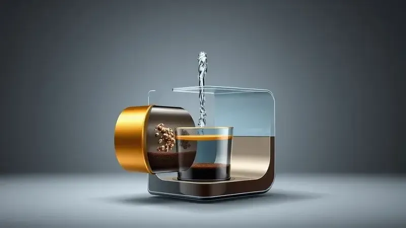 Ilustração artística do sistema de extração de cápsulas de café com fluxo de água e processo de preparo.