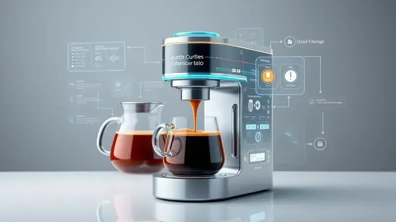 Ilustração conceitual da tecnologia de extração inteligente de café com interfaces digitais e fluxo de café