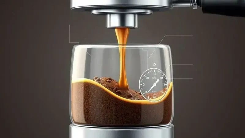 Ilustração conceitual da tecnologia de extração por pressão do café espresso com crema dourada.