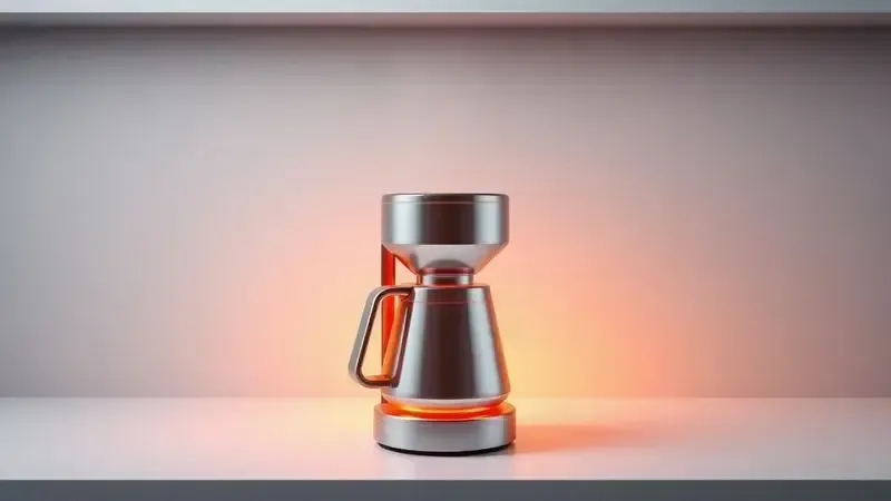 Ilustração conceitual de tecnologia de manutenção de calor com luz quente saindo de cafeteira inox moderna.