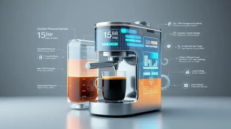 Render 3D conceitual de tecnologias de pressão e extração de café com visualização abstrata de processos