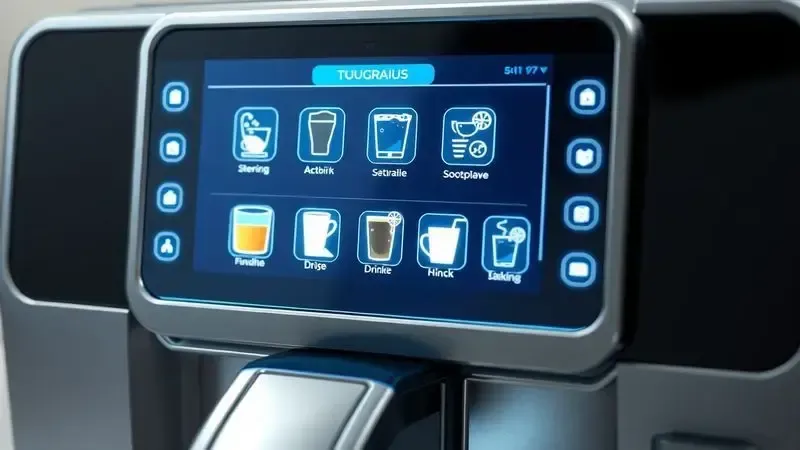Render 3D conceitual de uma tela touch avançada com ícones para controle de uma cafeteira.