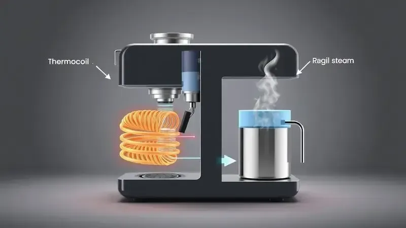 Diagrama ilustrativo de dois sistemas de aquecimento de água em cafeteiras: termocoil e caldeira tradicional.