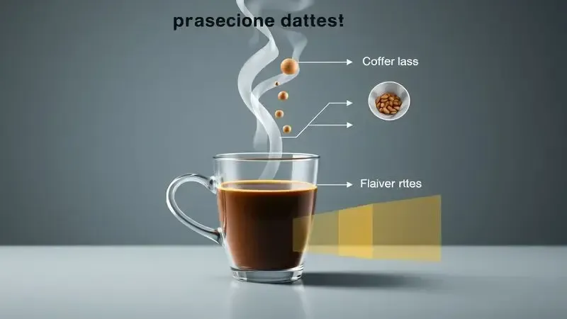 Ilustração 3D conceitual de teste de performance de café, mostrando aroma, sabor e sistema corta-pingos.
