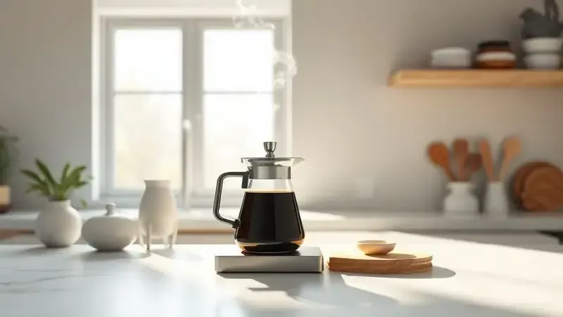 Cena conceitual de preparo diário de café com vapor subindo e luz matinal, representando teste prático.