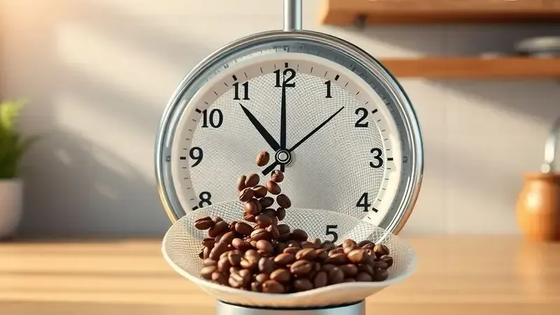 Conceito de timer de cafeteira com grãos de café caindo em filtro de nylon, ilustração de preparo programado