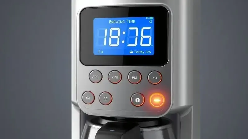 Ilustração 3D de interface de timer programável para cafeteira, mostrando relógio digital e automação.