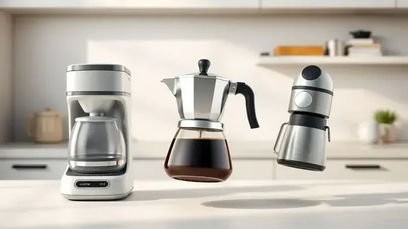 Ilustração conceitual dos três tipos de cafeteiras: elétrica, italiana e portátil em disposição artística