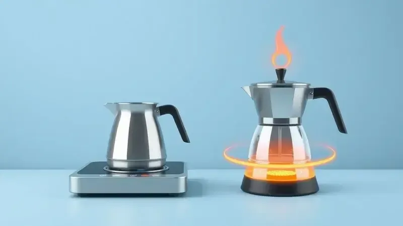Ilustração conceitual comparando tipos de cafeteira italiana: fogão e elétrica, com representações abstratas de fontes de calor