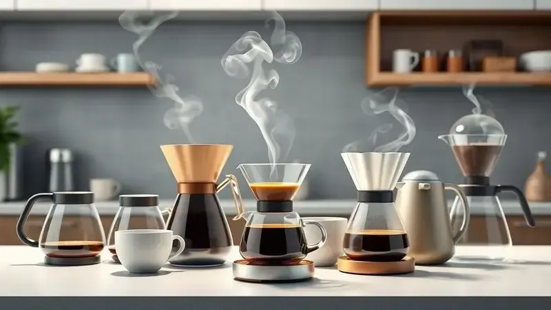 Ilustração conceitual dos diferentes métodos de extração de café mostrados de forma artística em uma cena de cozinha moderna