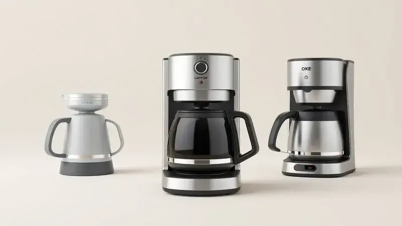 Ilustração dos diferentes tipos de cafeteiras elétricas: compacta, automática e de grande capacidade.