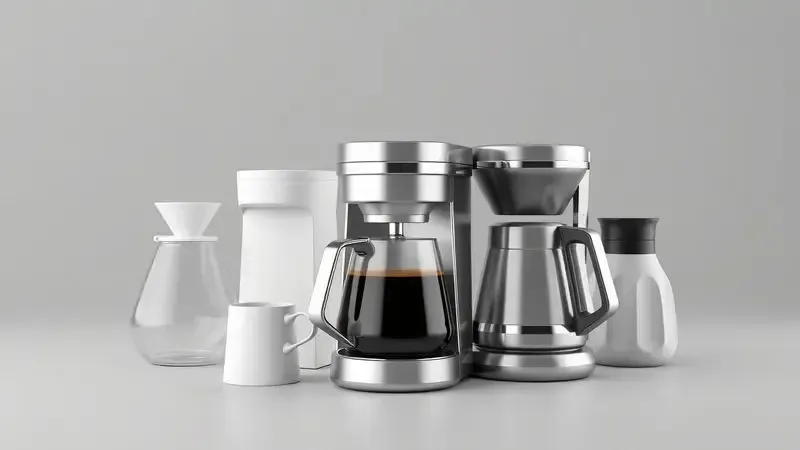 Representação artística conceitual dos diferentes tipos de cafeteiras elétricas disponíveis no mercado