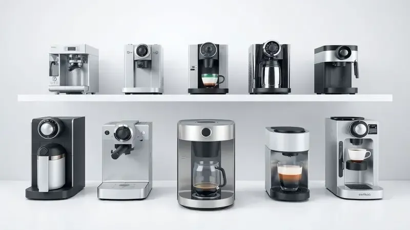 Ilustração 3D mostrando diferentes tipos conceituais de cafeteiras para ambiente de escritório.