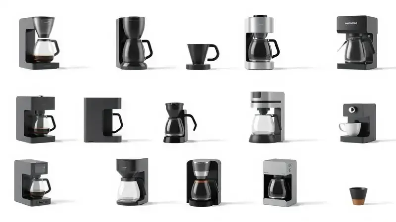Silhuetas conceituais de diferentes tipos de cafeteiras em layout organizado