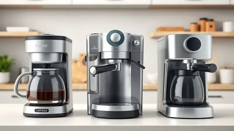Ilustração conceitual mostrando três tipos diferentes de cafeteiras: elétrica, de cápsula e espresso lado a lado