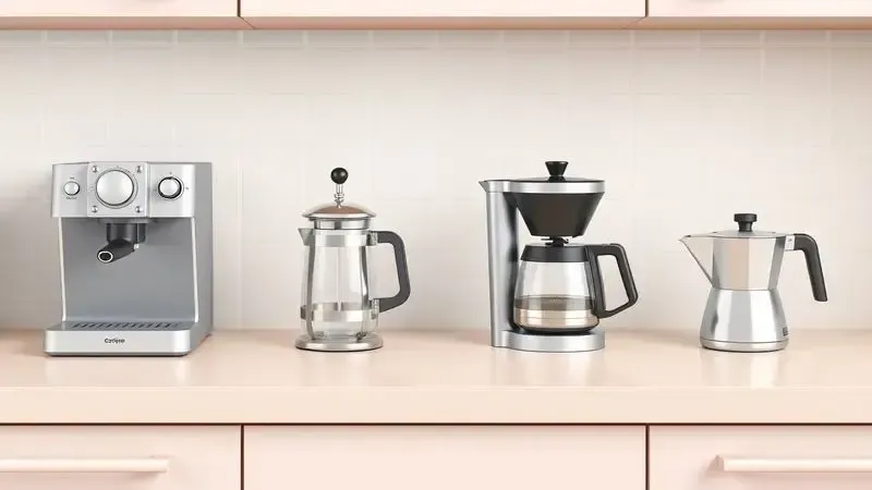 Ilustração conceitual dos diferentes tipos de cafeteira: espresso, prensa francesa, cafeteira de filtro e cafeteira italiana, dispostos em bancada.
